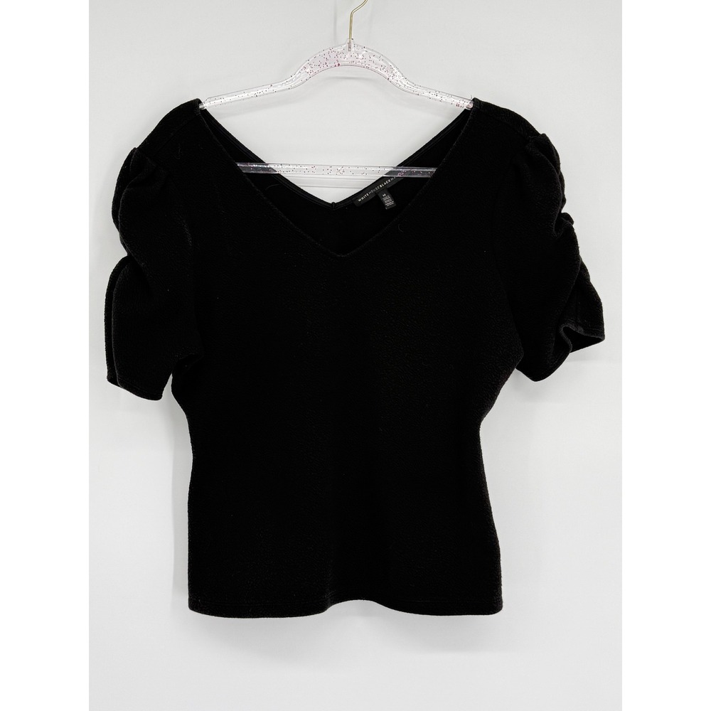 White House Black Market Black Textured Puff Short Sleeve V Neck Top Size Medium